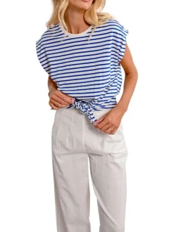 T-shirt en coton blanc rayé avec une coupe droite et un col rond