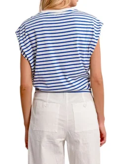 T-shirt en coton blanc rayé avec une coupe droite et un col rond