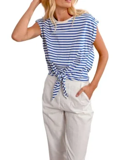 T-shirt en coton blanc rayé avec une coupe droite et un col rond
