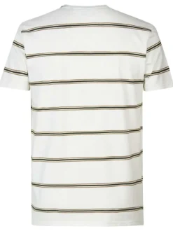 T-shirt en coton blanc rayé coupe droite avec un col rond et étiquette cousue