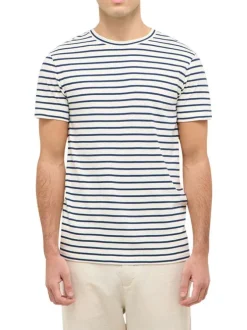 T-shirt en coton blanc à rayures bleues marine avec un col rond