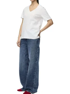 T-shirt en coton blanc uni avec des ourlets aux manches à coupe ample et à col v
