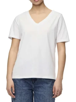 T-shirt en coton blanc uni avec des ourlets aux manches à coupe ample et à col v