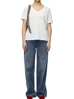 T-shirt en coton blanc uni avec des ourlets aux manches à coupe ample et à col v