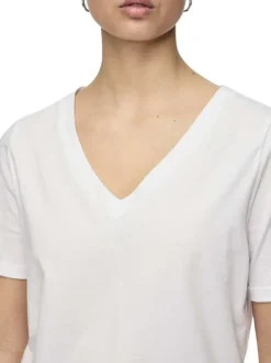 T-shirt en coton blanc uni avec des ourlets aux manches à coupe ample et à col v