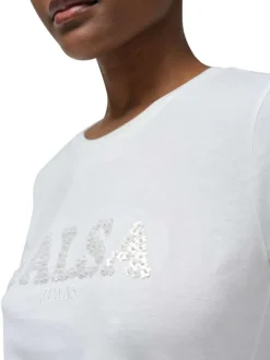 T-shirt en coton blanc uni avec le nom de la marque en sequins et à col rond