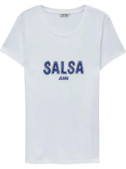 T-shirt en coton blanc uni avec le nom de la marque en strass et un col rond