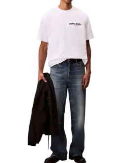 T-shirt en coton blanc uni avec le nom de la marque imprimé et à col rond