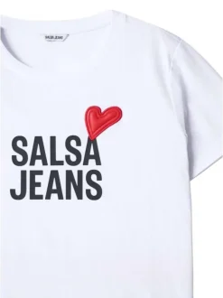 T-shirt en coton blanc uni avec un cœur rouge et une coupe droite à col rond