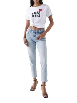 T-shirt en coton blanc uni avec un cœur rouge et une coupe droite à col rond