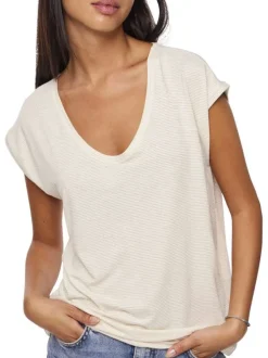 T-shirt en coton blanc uni avec une coupe droite, un col v et en lurex