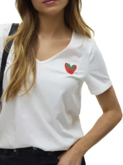 T-shirt en coton blanc uni avec un petit imprimé à la poitrine et un col v