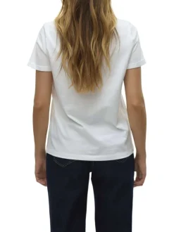 T-shirt en coton blanc uni avec un petit imprimé à la poitrine et un col v