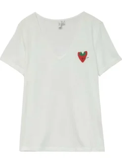 T-shirt en coton blanc uni avec un petit imprimé à la poitrine et un col v