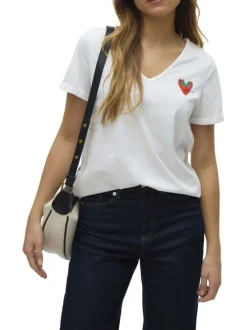 T-shirt en coton blanc uni avec un petit imprimé à la poitrine et un col v