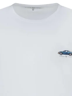 T-shirt en coton blanc uni à col rond avec une petite voiture brodée
