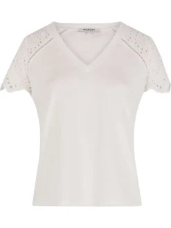 T-shirt en coton blanc uni à col v avec des manches courtes en dentelle