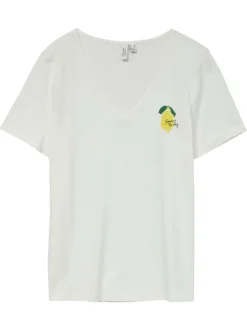 T-shirt en coton blanc uni à col v avec un petit imprimé à la poitrine