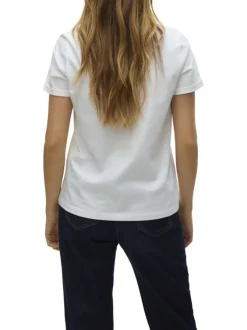 T-shirt en coton blanc uni à col v avec un petit imprimé à la poitrine