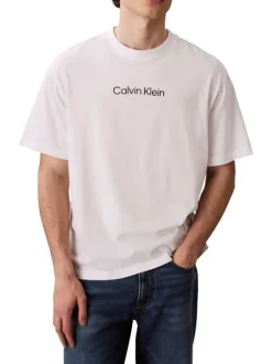 T-shirt en coton blanc uni coupe ajustée col rond avec un logo blanc