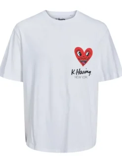 T-shirt en coton blanc uni coupe droite avec col rond et coeur floqué poitrine