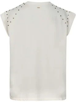 T-shirt en coton blanc uni à coupe droite avec des petits clous aux épaules