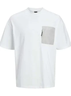 T-shirt en coton blanc uni à coupe droite et à col rond avec une poche zippée