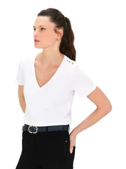 T-shirt en coton blanc uni droit à col v et boutons dorés décoratifs