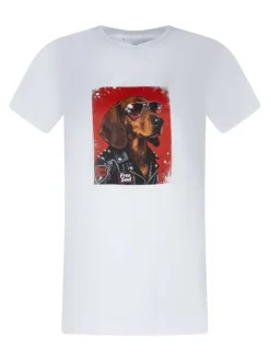 T-shirt en coton blanc uni pourvu d'un imprimé chien avec des lunettes de soleil