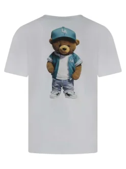 T-shirt en coton blanc uni pourvu d'un imprimé ourson et d'un col rond