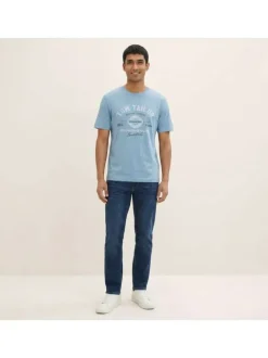 T-shirt en coton bleu avec un imprimé de la marque et une coupe droite