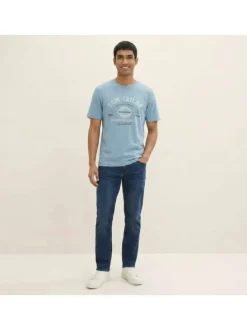 T-shirt en coton bleu avec un imprimé de la marque et une coupe droite