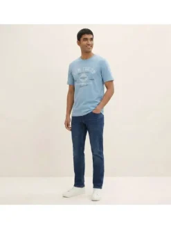 T-shirt en coton bleu avec un imprimé de la marque et une coupe droite