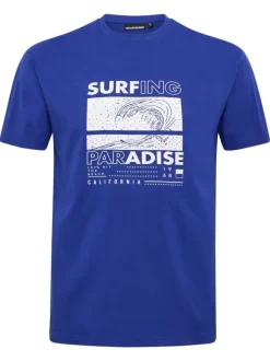 T-shirt en coton bleu avec un imprimé à l'avant et une coupe droite