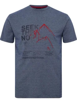 T-shirt en coton bleu chiné et imprimé à l'avant avec un col rond