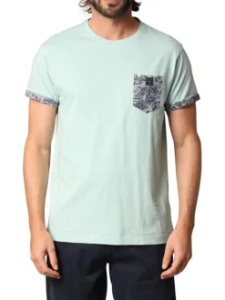 T-shirt en coton bleu ciel chiné à coupe droite avec un col rond et une poche