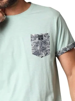 T-shirt en coton bleu ciel chiné à coupe droite avec un col rond et une poche