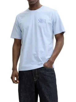 T-shirt en coton bleu ciel imprimé avec une coupe droite et un col rond