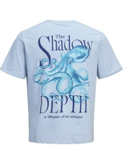 T-shirt en coton bleu ciel imprimé avec une coupe droite et un col rond