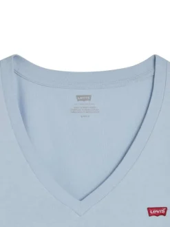 T-shirt en coton bleu ciel uni avec une coupe ajustée un col v et le logo brodé