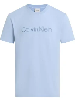 T-shirt en coton bleu ciel uni à coupe droite avec le nom de la marque imprimé