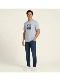 T-shirt en coton bleu clair avec imprimé logo à coupe droite et à col rond