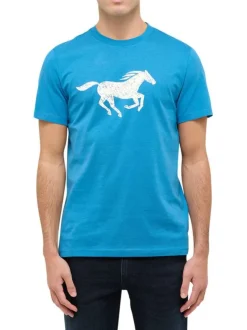 T-shirt en coton bleu à col rond et avec le logo imprimé en grand