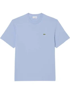 T-shirt en coton bleu à coupe droite pourvu d'un col rond côtelé