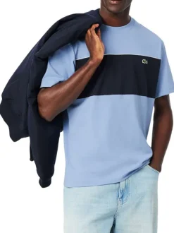 T-shirt en coton bleu à coupe droite pourvu d'un col rond côtelé