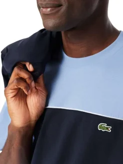 T-shirt en coton bleu à coupe droite pourvu d'un col rond côtelé