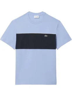 T-shirt en coton bleu à coupe droite pourvu d'un col rond côtelé