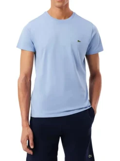 T-shirt en coton bleu à coupe droite pourvu d'un col rond côtelé