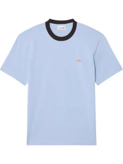 T-shirt en coton bleu à coupe droite pourvu d'un col rond côtelé