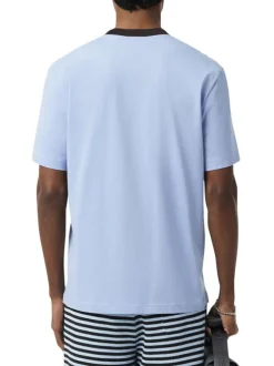 T-shirt en coton bleu à coupe droite pourvu d'un col rond côtelé